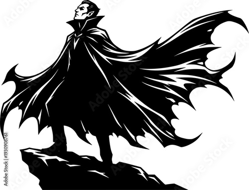 Dramatic black silhouette of a vampire figure looking upward with a dramatically flowing, wide cape, gothic horror vector art
