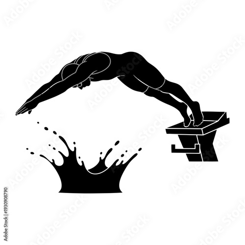 Silhouette of a diver leaping from a high platform into a splash in the pool, capturing athletic motion.