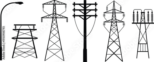 Black and white line of various electrical transmission towers and poles line electrical transmission towers
