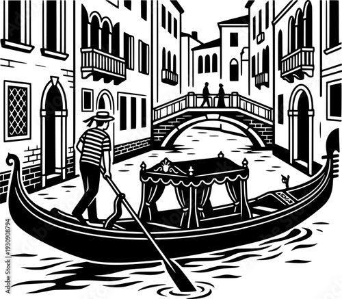 Venice Gondola on Canal Vector Illustration, Black and White Italy Travel Art
