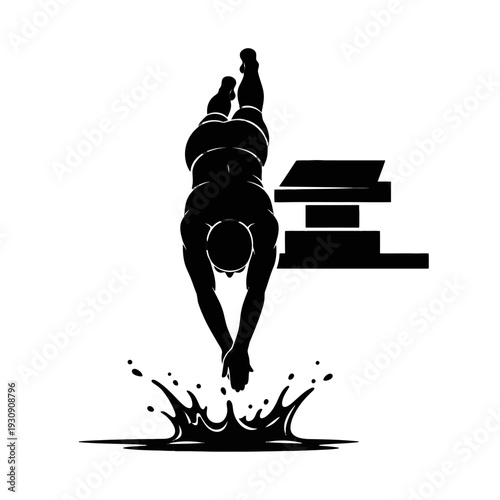 Silhouette Diver Plunging into Water with Splash and Dynamic Motion Scene.