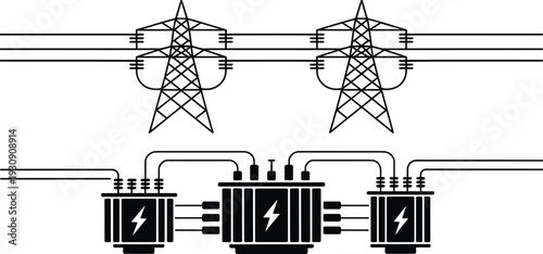Black and white of electrical substation with transformers and power lines
