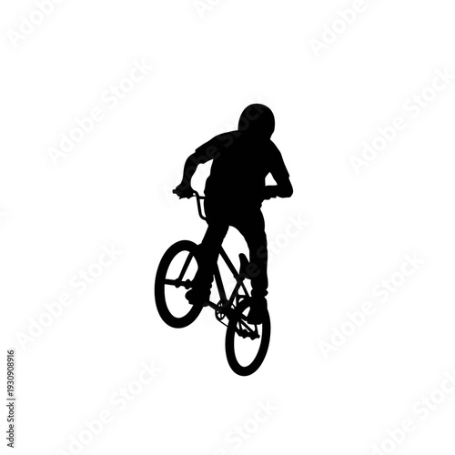 Silhouette of a cyclist riding a bicycle in motion against a white background.