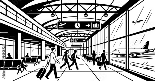 Modern Airport Terminal Interior Vector, Black and White Aviation Travel Design
