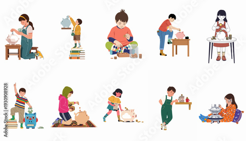 Children's Financial Literacy: Diverse Kids Learning to Save Money with Piggy Banks and Jars, Developing Smart Financial Habits for the Future