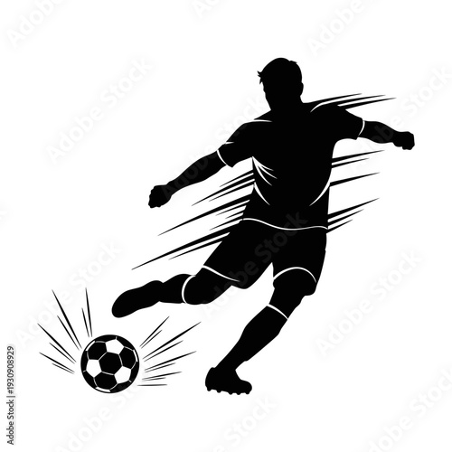 Dynamic silhouette of a soccer player kicking a ball during a game.