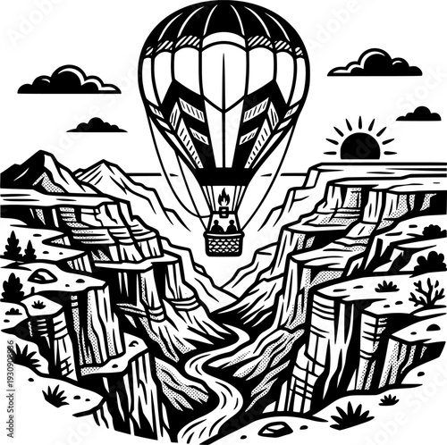 Hot Air Balloon Over Canyon Vector Illustration, Black and White Adventure Travel
