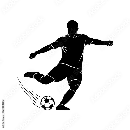 Silhouette of a soccer player kicking a ball in dynamic action.