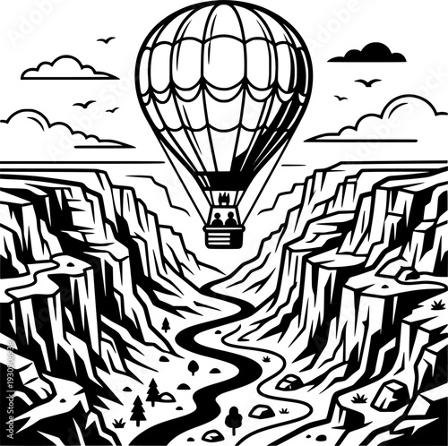 Hot Air Balloon Over Canyon Vector Illustration, Black and White Adventure Travel
