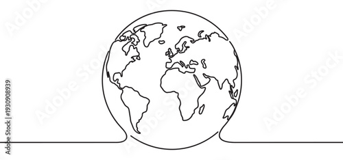 Continuous line drawing Earth globe world map illustration representing global connection and environmental sustainability.