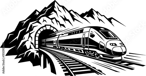 High-Speed Train and Mountain Tunnel Vector, Black and White Modern Rail Travel
