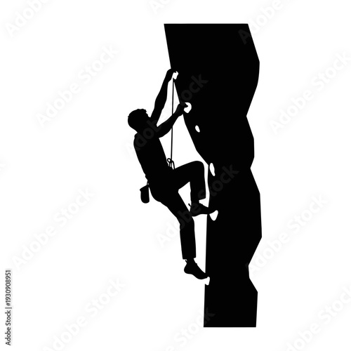 Silhouette of a climber ascending a sheer cliff face with rope and gear.