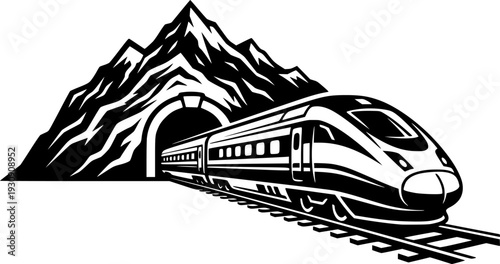 High-Speed Train and Mountain Tunnel Vector, Black and White Modern Rail Travel
