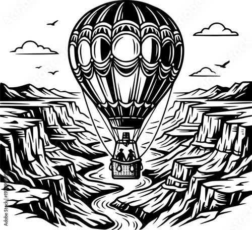 Hot Air Balloon Over Canyon Vector Illustration, Black and White Adventure Travel
