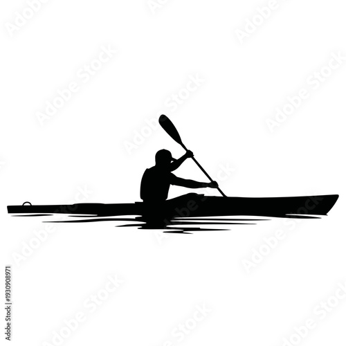 Silhouette of a lone kayaker paddling across tranquil water.