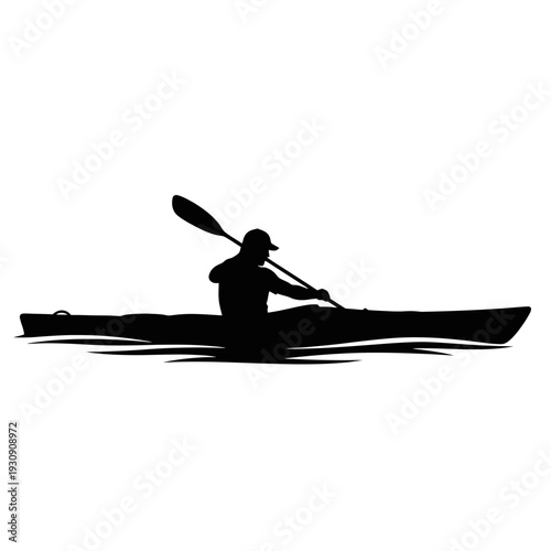 Silhouette of a kayaker paddling on calm water during outdoor recreation and sport.