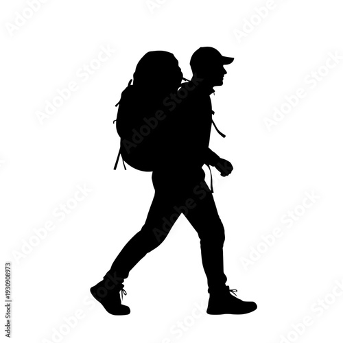 Two Hikers Walking Together Silhouette in Outdoor Trail Scene.