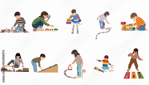 A collection of illustrations depicting diverse children joyfully playing with toy cars, exploring, learning, and imagining during childhood development.