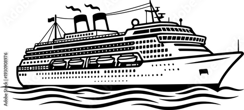 Luxury Cruise Ship on Ocean Flat Vector, Black and White Vacation Cruise Design

