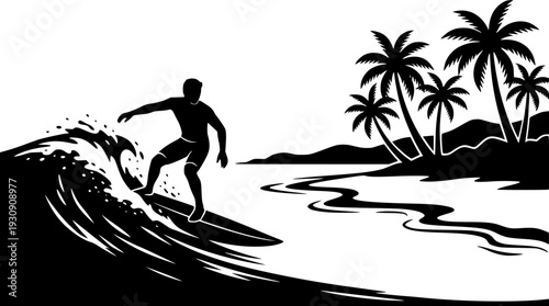 Surfer on Tropical Beach Silhouette Vector, Black and White Surfing Vacation Art
