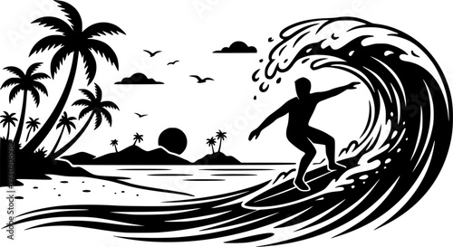 Surfer on Tropical Beach Silhouette Vector, Black and White Surfing Vacation Art
