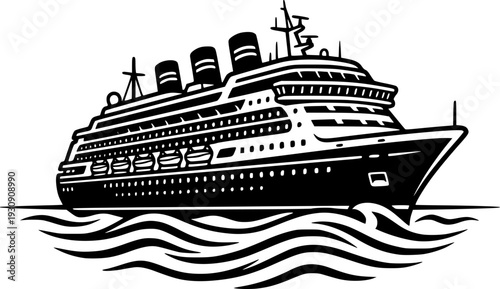 Luxury Cruise Ship on Ocean Flat Vector, Black and White Vacation Cruise Design
