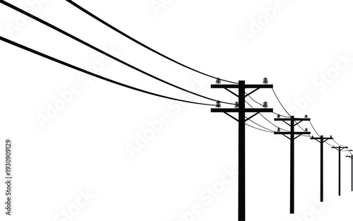 Black and white utility poles with power lines extending into the distance silhouette electric poles