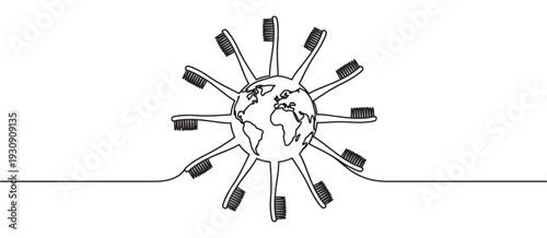 Earth globe with toothbrushes radiating outwards, forming a unique continuous line drawing symbolizing global oral health and dental care awareness.