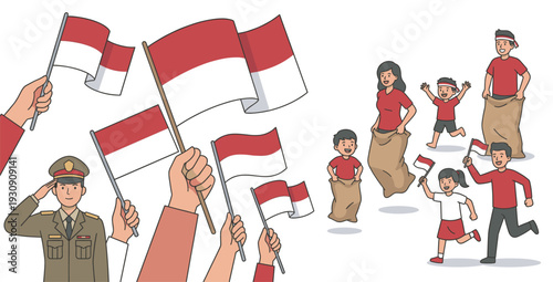 Diverse people celebrate national holiday by waving red and white flags and participating in fun traditional games and activities.
