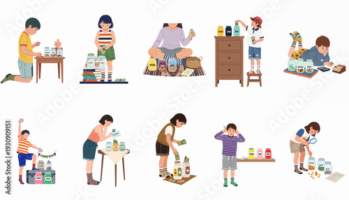 Children learning financial literacy: managing money by spending, saving, and giving through jars and piggy banks, promoting responsible habits.