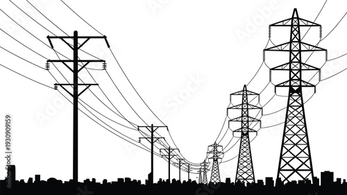 Black and white silhouette of power lines and utility poles against a city skyline