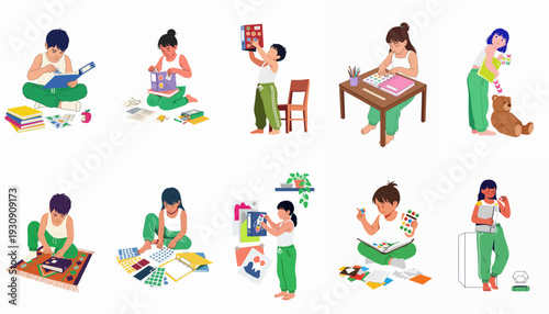 Children organize and learn with binders, stickers, and art supplies, engaging in educational and creative play.