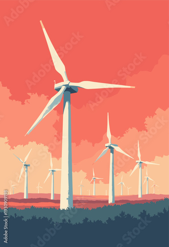 Rows modern Wind Turbines, but drawn heavy, repetitive Soviet style blades are sharp perfectly aligned tribute to modern power Blank red cream space