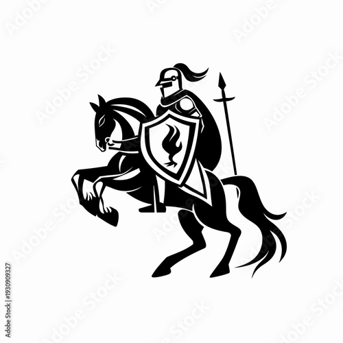 Knight on horseback silhouette holding shield and lance icon