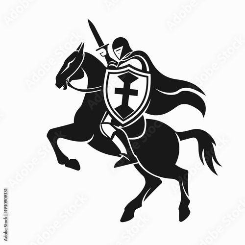 Knight on horseback with shield and sword silhouette graphic