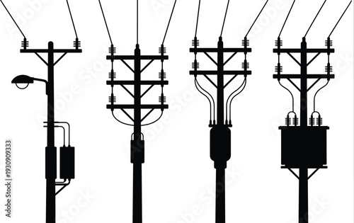 Four black utility poles with different electrical components and wires in a line electrical wires black and white