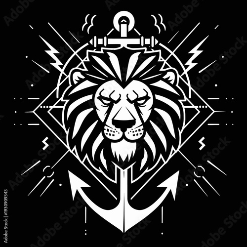 Lion head anchor design with geometric elements black and white graphic