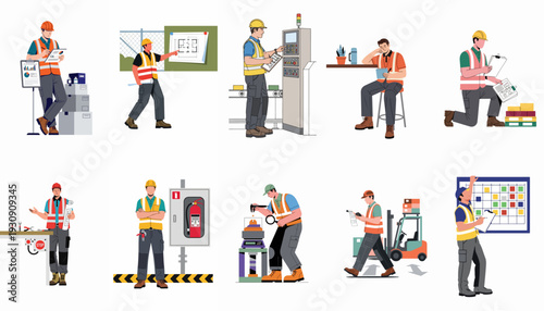 Industrial and construction workers performing various tasks illustration set, depicting different roles, equipment, and processes in a modern workplace environment.