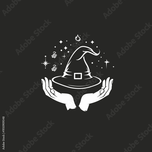 Magical witch hat floating above open hands with stars and magical symbols