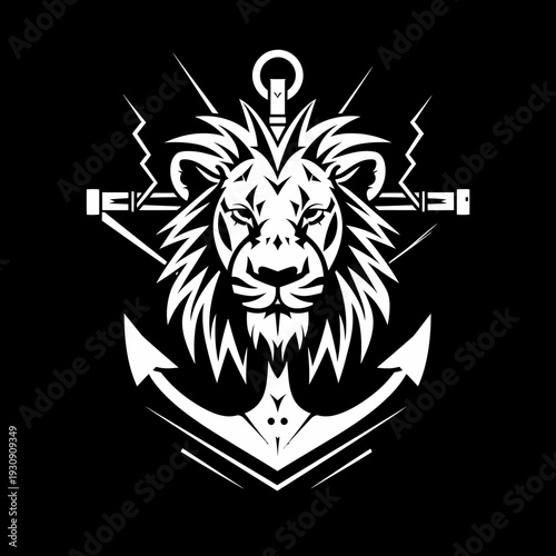 Lion head and anchor illustration in white against a dark backdrop
