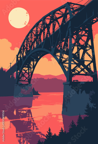 old steel Truss Bridge crossing river repeating triangles steelwork form hypnotic, aggressive geometric pattern Deep red water black steel No text