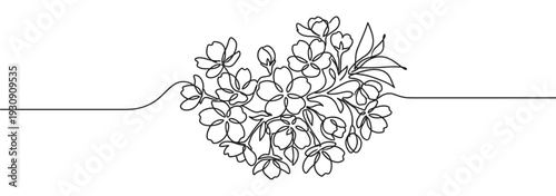 Continuous line drawing of delicate cherry blossom flowers creating a beautiful minimalist floral arrangement for elegant design.