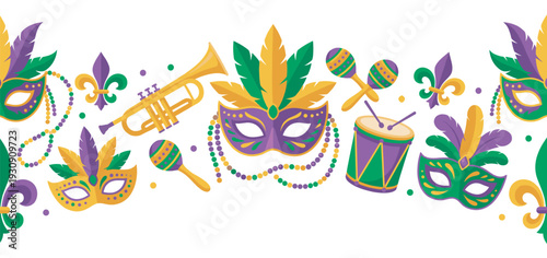 Mardi Gras carnival celebration elements form a festive seamless horizontal border pattern perfect for party designs.