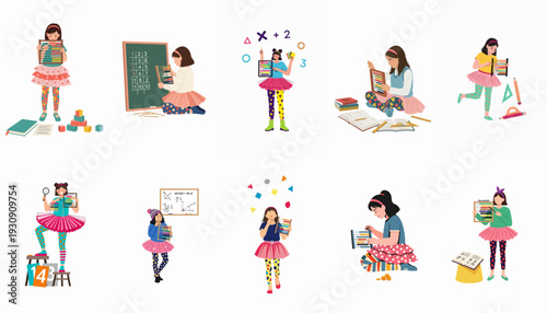 Girls Learning Math with Abacus and Educational Tools: A Colorful Illustration of Childhood Education and Skill Development