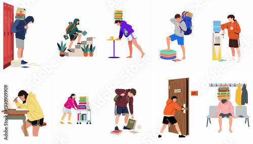 Illustrations of students navigating academic burden, pressure, and various campus life challenges, depicting struggles with studies, fatigue, and overcrowded environments.