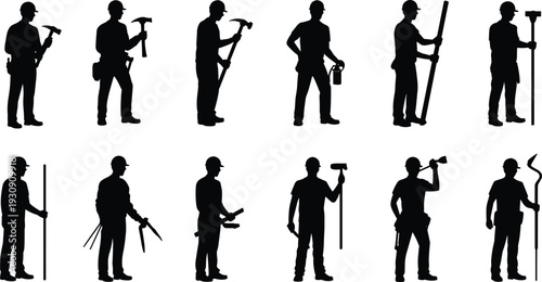 Silhouettes of people holding various tools and equipment construction