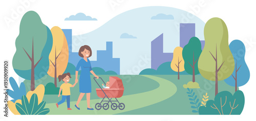 Mother, daughter, and baby enjoy a pleasant stroll through a beautiful urban park with lush green trees and distant city buildings.