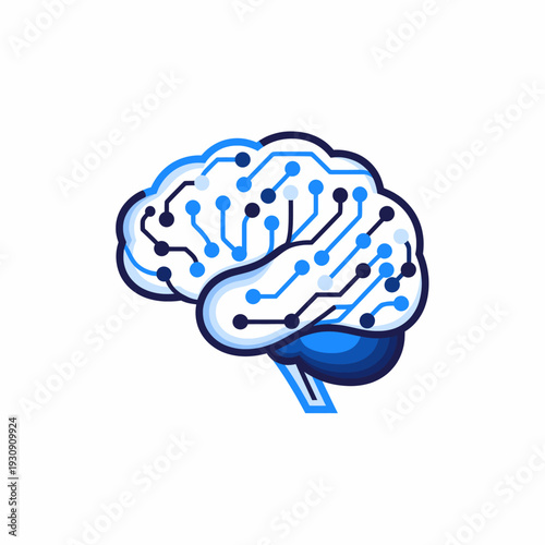 Stylized illustration of a brain with circuit board patterns and blue accents