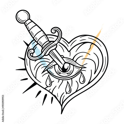 Dramatic Heartbreak Illustration: A Pierced Heart with Weeping Eye in Detailed Line Art Style, Perfect for Tattoo Designs and Emotional Concepts