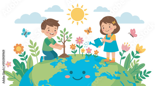 Two happy children planting a tree and watering flowers on a smiling Earth, symbolizing environmental protection and care for nature.